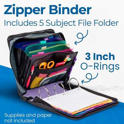 Case-it Mighty Zip Tab School Zipper Binder | 3-Inch O-Rings, 600-Sheet Capacity, 5-Subject Expanding File Folder, Multiple Pockets & Storage Organizer, Shoulder Strap | D-146 Jet Black