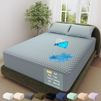 OhGeni 100% Waterproof Queen Size Mattress Protector,Soft Mattress Pad, Cooling Breathable Fitted Sheets,Washable Bed Cover,Non-Slip Deep Pocket,Noiseless for Bedroom