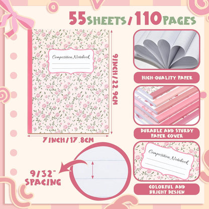 Fullhawl 6 Pcs Bow Composition Notebooks, Preppy Coquette Notebook College Ruled Journal, 110 Page, Cute Back to School Gift for Teacher, Student, First Day of Schooll(Pink,9-3/4 x 7-1/2")