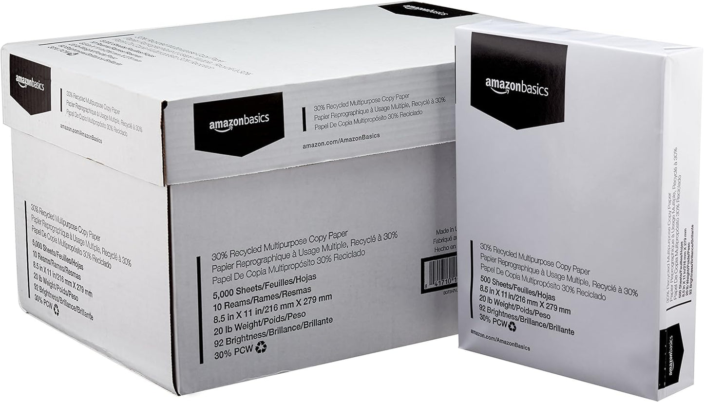 Amazon Basics 30% Recycled Multipurpose Copy & Print Paper, 8.5 x 11 Inches, 20 lb Weight, 92 Bright, White, FSC Certified, 1500 Sheets (3 Reams)