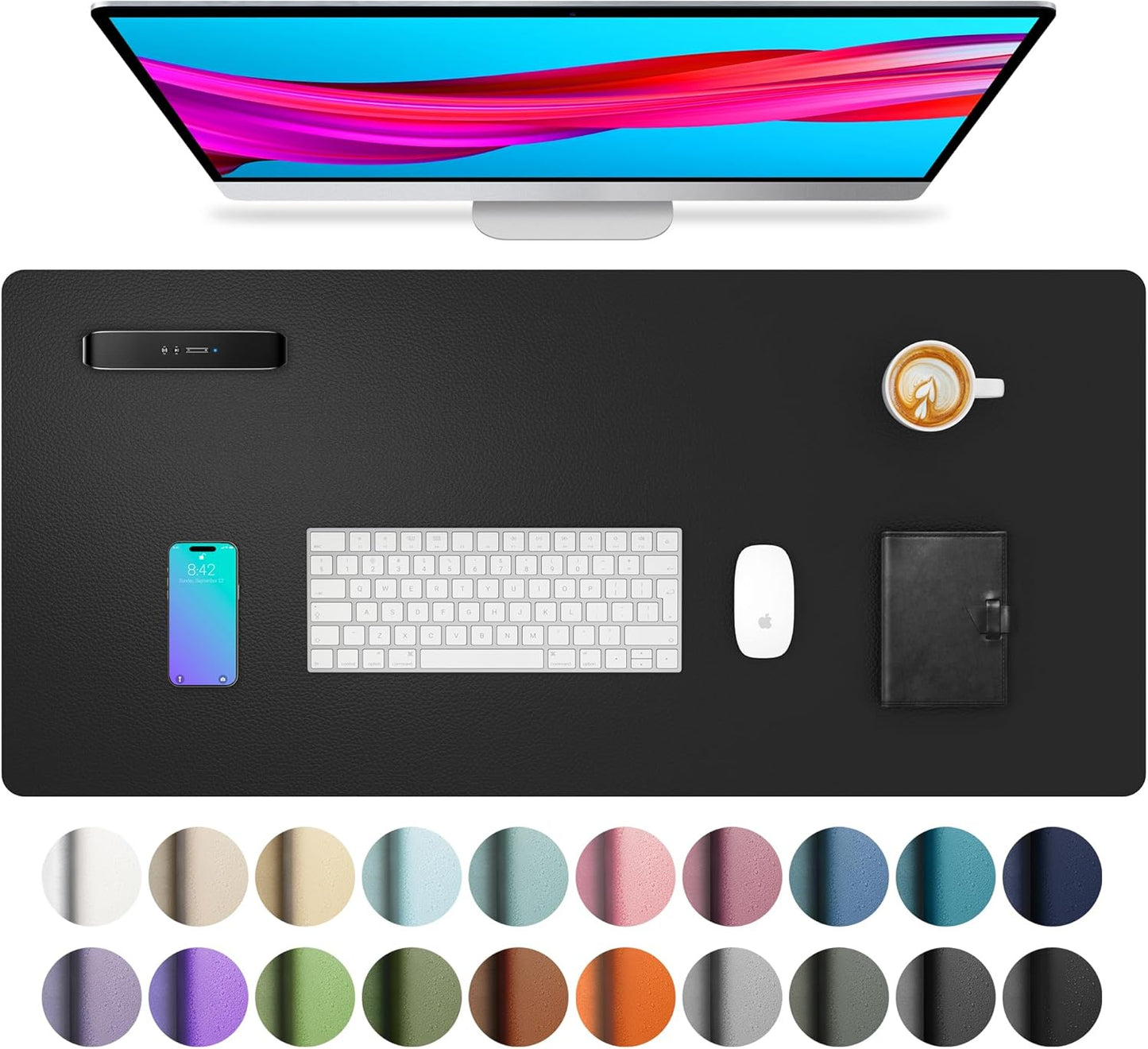 Aothia Non-Slip Waterproof PU Leather Desk Pad Protector for Mouse, Writing Desk, Office, Home, Laptop Blotter, 23.6" x 13.7", Black - Colors A