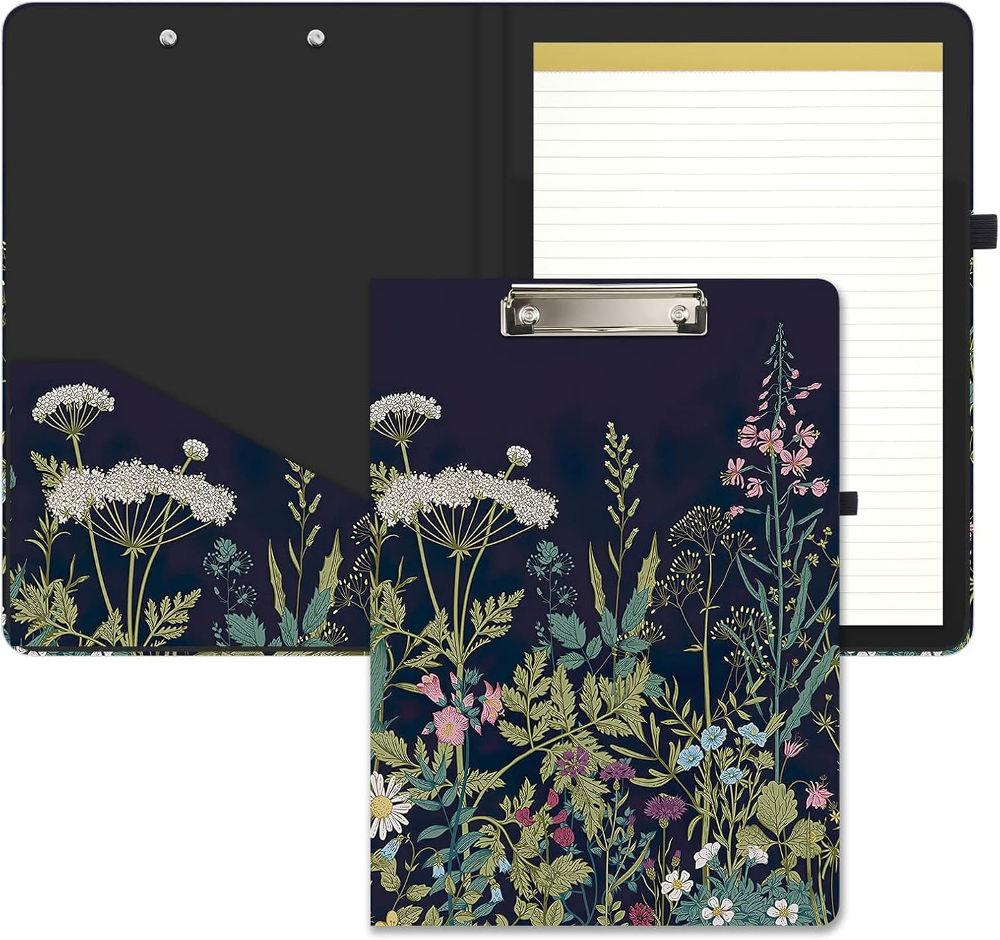 Hongri Clipboard Folio with Refillable Lined Notepad and Interior Storage Pocket for Students, Classroom, Office, Women, Man, Cute Custom Pattern, Size 12.8 x 9.2 in, Classic Flower