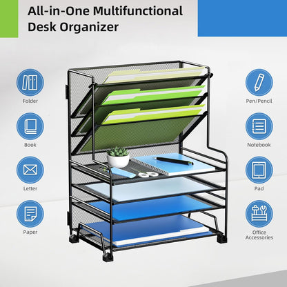 MINDEPOT 4-Tier Paper Organizer + 3-Pocket File Holder + Drawer + Pen Holders, Desktop File Organizers Paper Tray for Office Supplies School Classroom Organization (Black, No Drawer & Pen Holder)