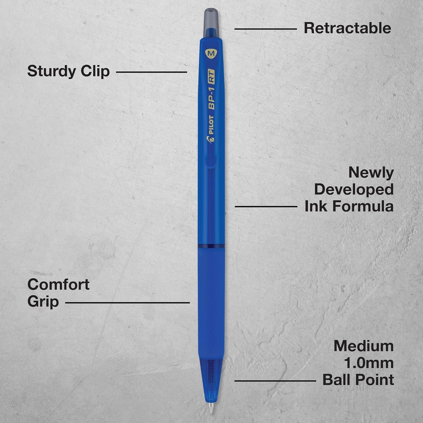 Pilot BP-1RT Advanced Ink, Retractable Ballpoint Blue Ink Pens, Medium Point, Dozen Box, 1mm