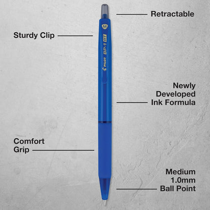 Pilot BP-1RT Advanced Ink, Retractable Ballpoint Blue Ink Pens, Medium Point, Dozen Box, 1mm