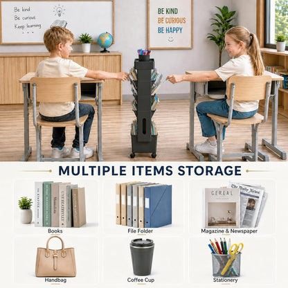 BYFU 6-Tier Movable Bookshelf Cart, Rolling File Storage Paper Organizer Mobile Bookcase with Wheels for Home Office Study Classroom, Black