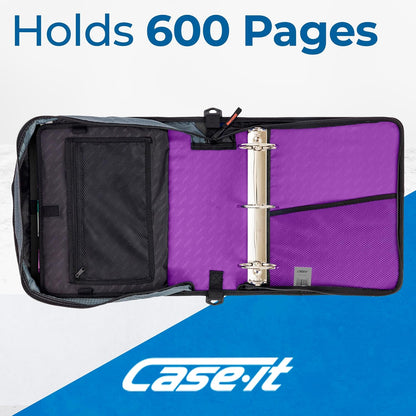 Case-it Mighty Zip Tab School Zipper Binder | 3-Inch O-Rings, 600-Sheet Capacity, 5-Subject Expanding File Folder, Multiple Pockets & Storage Organizer, Shoulder Strap | D-146 Jet Black