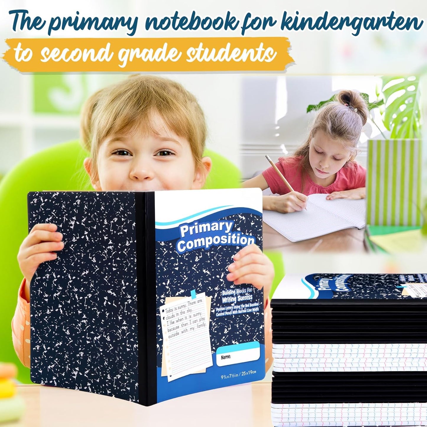 Watersay 30 Pack Primary Ruled Composition Notebook, Grade K-2 Journal 50 Sheets, 7-1/2" x 9-3/4" Primary Composition Book Writing Notebook for Kids Kindergarten Preschool 1st 2nd Grad (Multicolor)