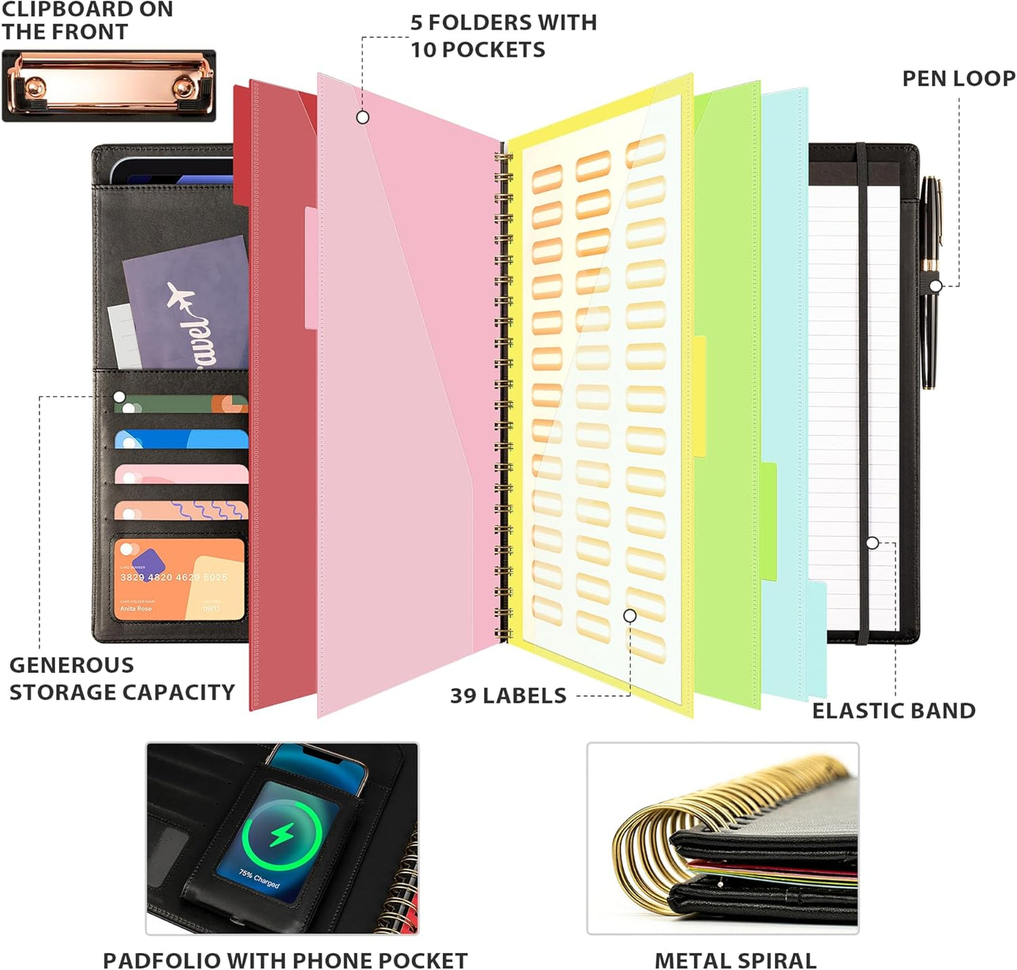 Ospelelf Clipboard with Storage for Women, Leather Padfolio Portfolio Organizer 5 Folders with 10 Pockets, Spiral Clipboard Folio with Notepad for Letter Size, Elastic Closure and Pen Loop Floral
