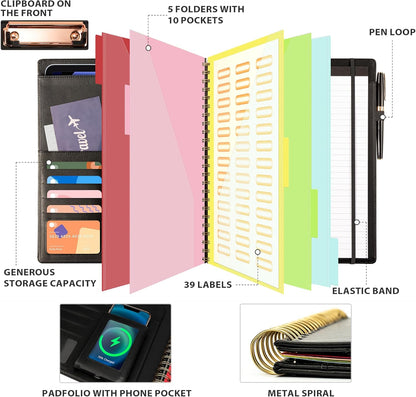 Ospelelf Clipboard with Storage for Women, Leather Padfolio Portfolio Organizer 5 Folders with 10 Pockets, Spiral Clipboard Folio with Notepad for Letter Size, Elastic Closure and Pen Loop Floral