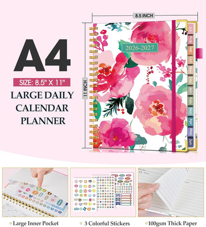 2026 Planner, Weekly and Monthly Calendar Planner from January 2026 - December 2026, 8.5" x 11" Hardcover Leather Hourly Appointment Book with Tabs, Spiral Daily Planners for School Work Home, Green