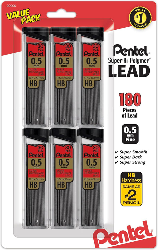 Pentel C27BPHB3K6 Super Hi-Polymer Lead Refills, 0.7mm, HB, Black, 30 per Tube (Pack of 3 Tubes)