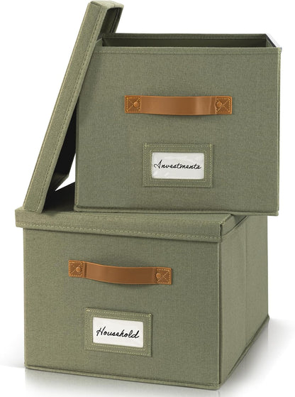 ZICOTO Decorative File Organizer Box Set of 2 - Collapsible Linen Filing Cabinets with Handles Are Perfect to Store All Your Documents & Hanging File Folders - Portable Easy Slide Crates with Lid