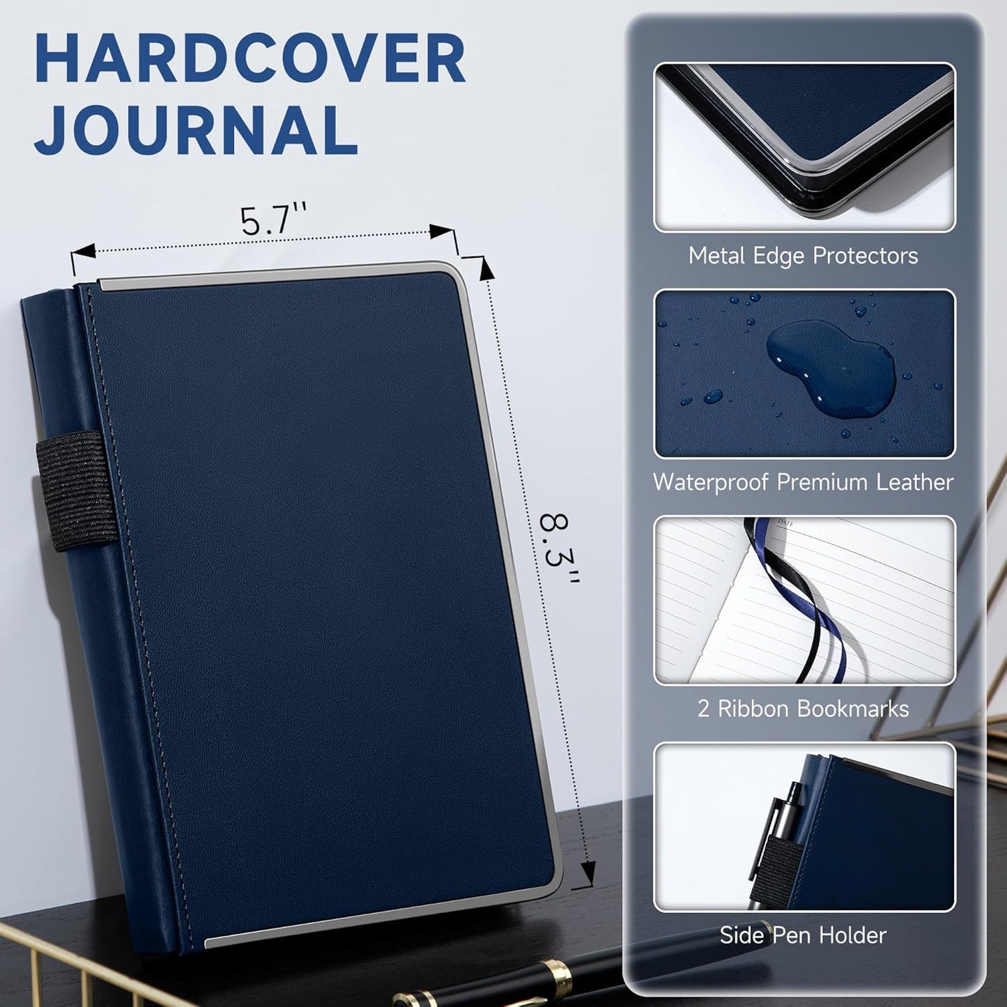 MINICAGIE Journal Notebook for Men Women Gifts Hardcover Leather Mens Journals for Writing 288 Pages 100 Gsm Paper Thick Journaling Notebooks for Work Diary, 5.7x8.3 In, Blue