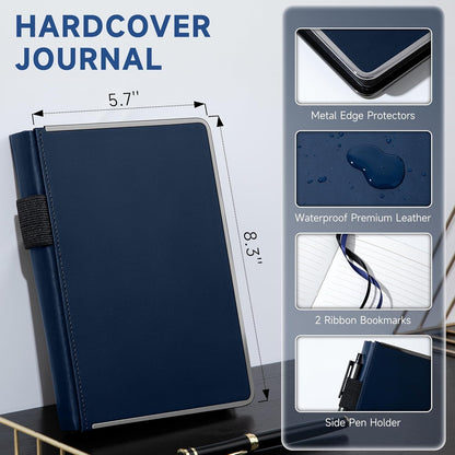 MINICAGIE Journal Notebook for Men Women Gifts Hardcover Leather Mens Journals for Writing 288 Pages 100 Gsm Paper Thick Journaling Notebooks for Work Diary, 5.7x8.3 In, Blue