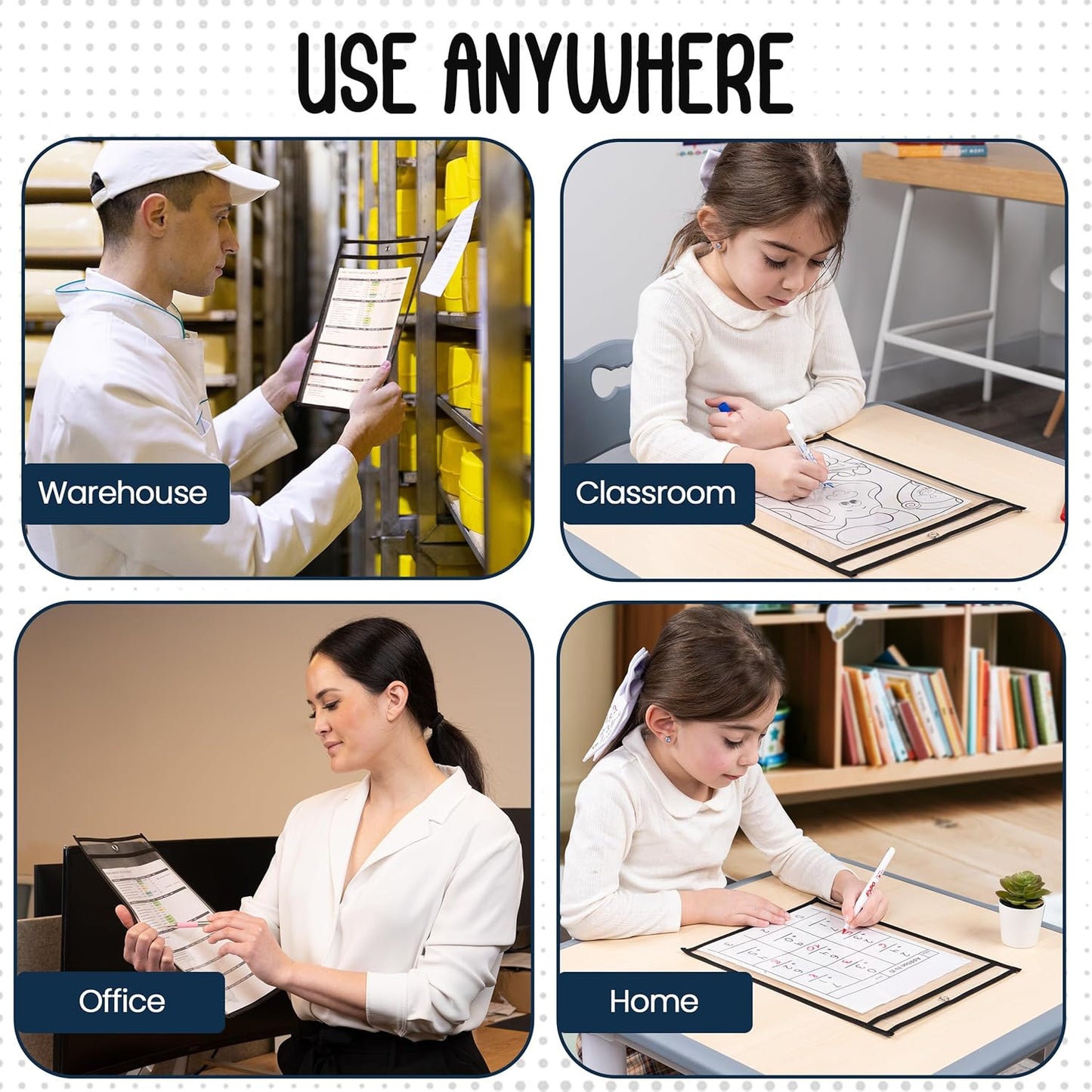 Essex Wares - 6 Pack, Assorted, Dry Erase Pocket Document Protectors, 10" Wide x 13.5" Tall- Dry Erase Clear Plastic Sleeves - Reusable & Easy Erase Plastic Invoice Holders, Water-Resistant & Durable