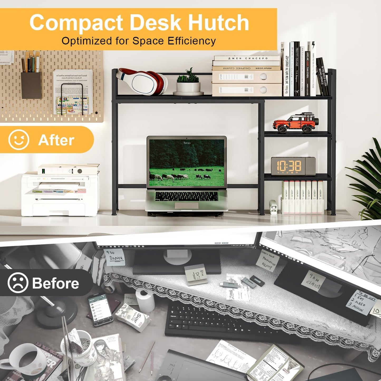 Snughome Desk Shelf, 38.6" Desktop Organizer Shelf, Desk Hutch for Computer Monitor, 4 Tier Desk Display Rack, Wood Desktop Bookshelf Storage Rack for Home Office Dorm, Rustic Brown | Desk Hutch, Computer Monitor, Desktop Display Rack, Home Office Dorm