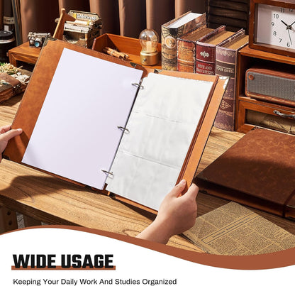 Ovesmusl Leather 3 Ring Binder 1 Inch Round Ring Binder Fits 200 Sheets 8.5"x11" Letter Size Paper, Wedding Family History Notebook Cover Loose Leaf Organizer, Brown