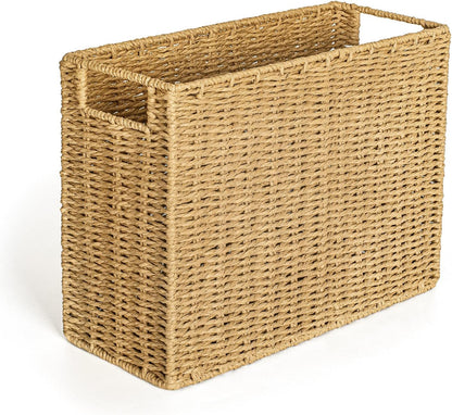 AELS Woven Natural Fibre Magazine Holder, Scalloped Edge Floor Magazine Rack, Hand-woven Organizer, Boho Modern Farmhouse Book Basket, File Newspaper Mail Holder for Office