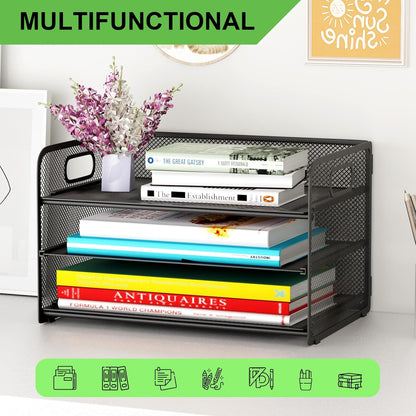 3 Tier Paper Letter Tray Organizer for Desk, Mesh File Folder Document Organizer with Handle for Home Office Supplies Desktop Accessories, Pink