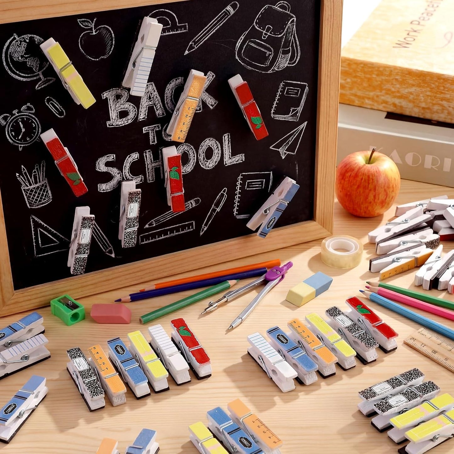 Bokon 48 Pcs Classroom Magnetic Wooden Clips Teacher Whiteboard Artworks Classroom Must Haves Decorative Magnetic Photo Paper Clips for Teacher Office Whiteboard Refrigerator Home Supplies