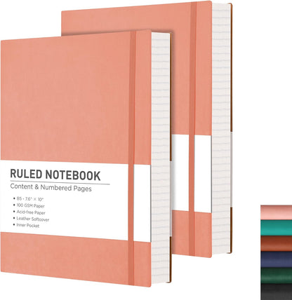 RETTACY Lined Journal Notebook, 2-Pack, 204 Numbered Pages per Pack, B5 Medium 7.6" × 10", Leather Softcover, 100 GSM Thick Paper, for Writing, Work, School (Black & Dark Green)