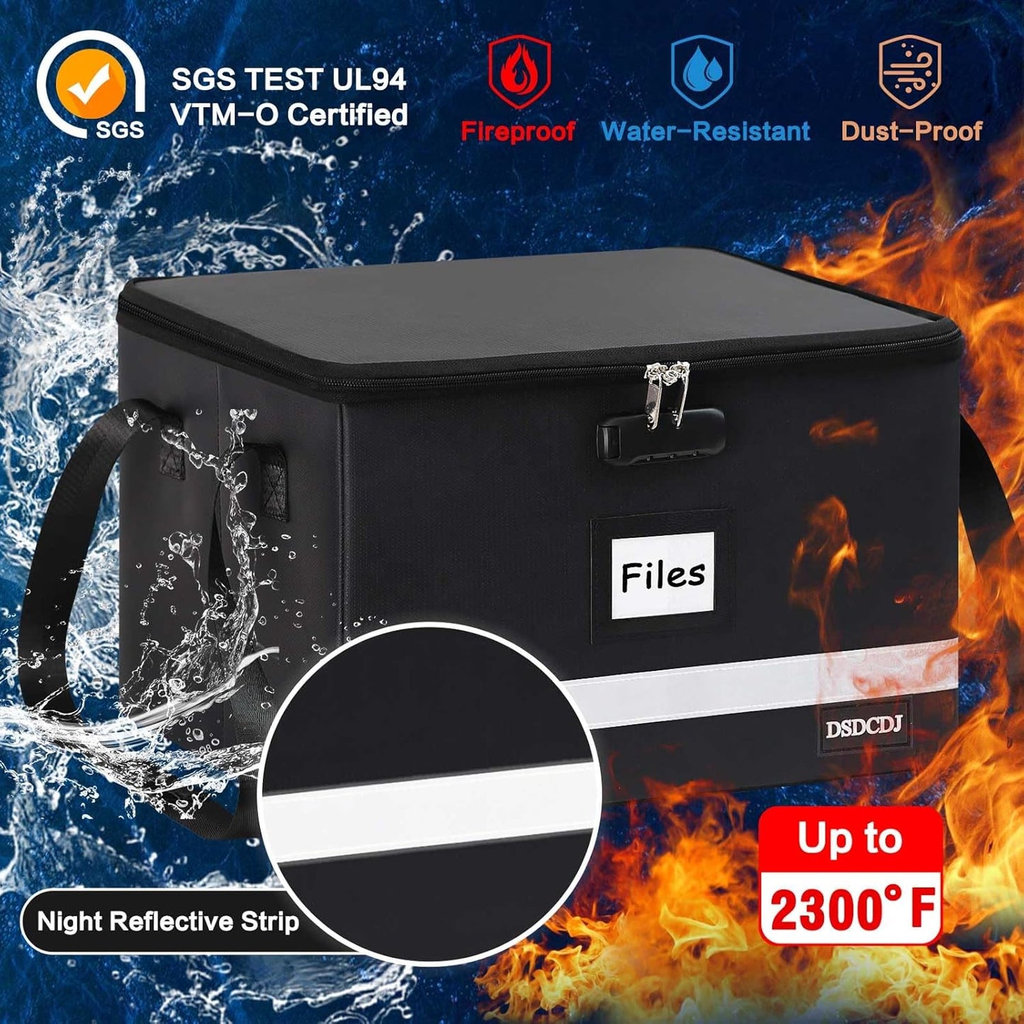 File Box with Lock - Portable File Organizer Box with Handle, Sturdy Important Document Organizer with Label, Slide, Reflective Strip for Hanging Letter/Legal Folder