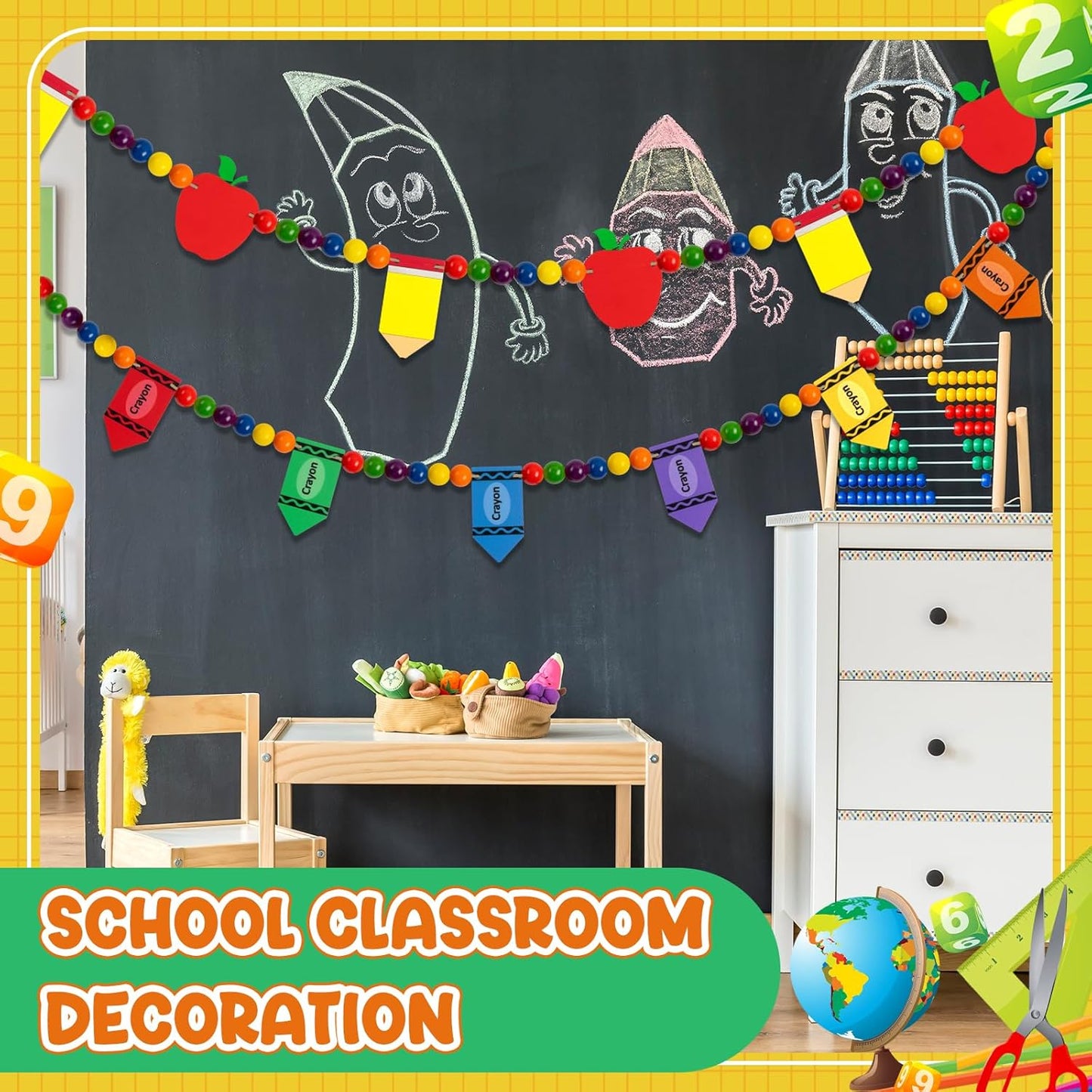 8.2 Ft Pencil Wooden Garland Graduation Yellow Pencil Banners with Cute Beads Hanging Ornaments for Kindergarten Classroom Office Home First Day of School Party Decor