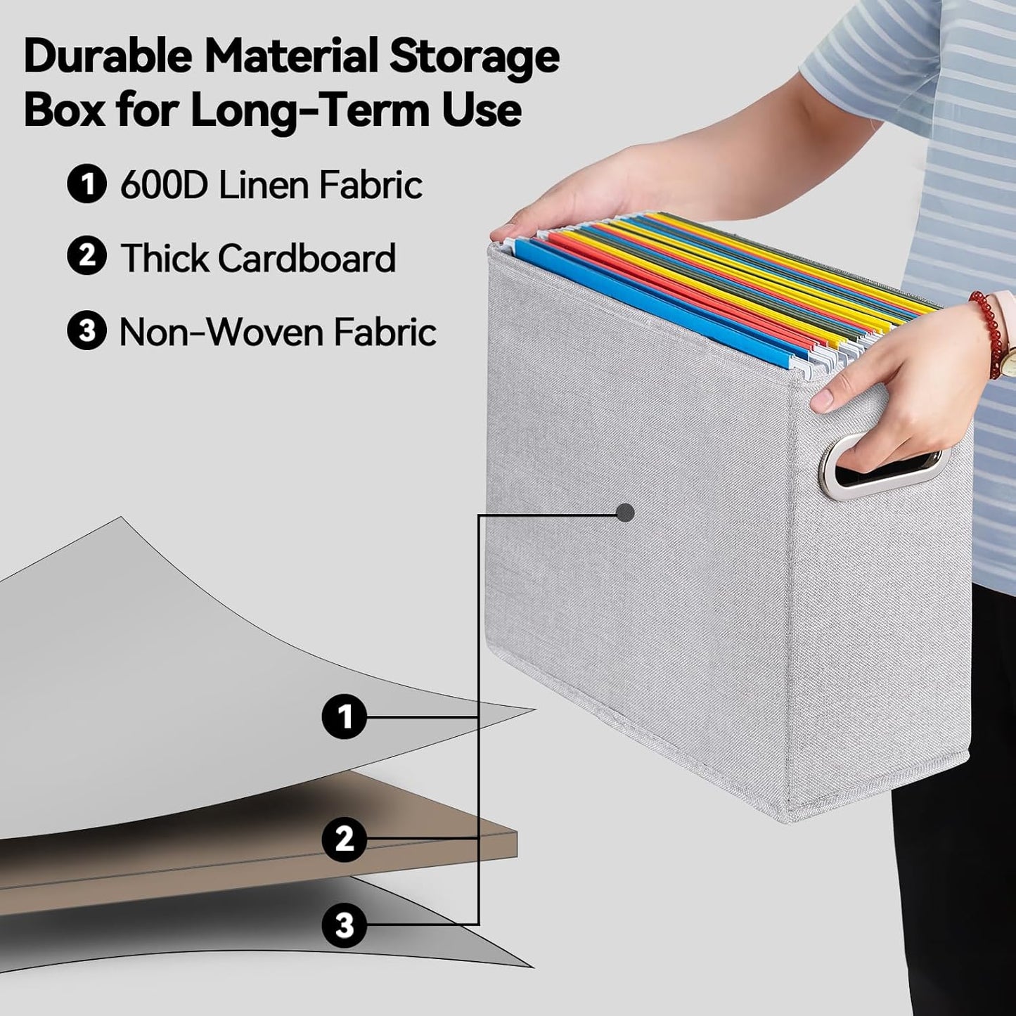 4 Pack Letter Size File Storage Box Collapsible, Fabric Hanging File Folders Organizer, Portable Office Document Holder with Metal Handle, Smooth PVC Rails, Beige