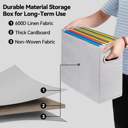 4 Pack Letter Size File Storage Box Collapsible, Fabric Hanging File Folders Organizer, Portable Office Document Holder with Metal Handle, Smooth PVC Rails, Beige