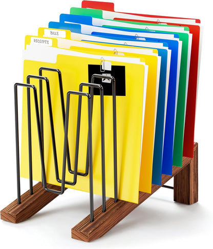 TREWAVE Inclined File Organizer for Desk, Adjustable 7-Section Vertical Desk File Organizer with Wooden Base, Metal Desktop Paper Folder Holder for Office, Home, Classroom and School Workspace