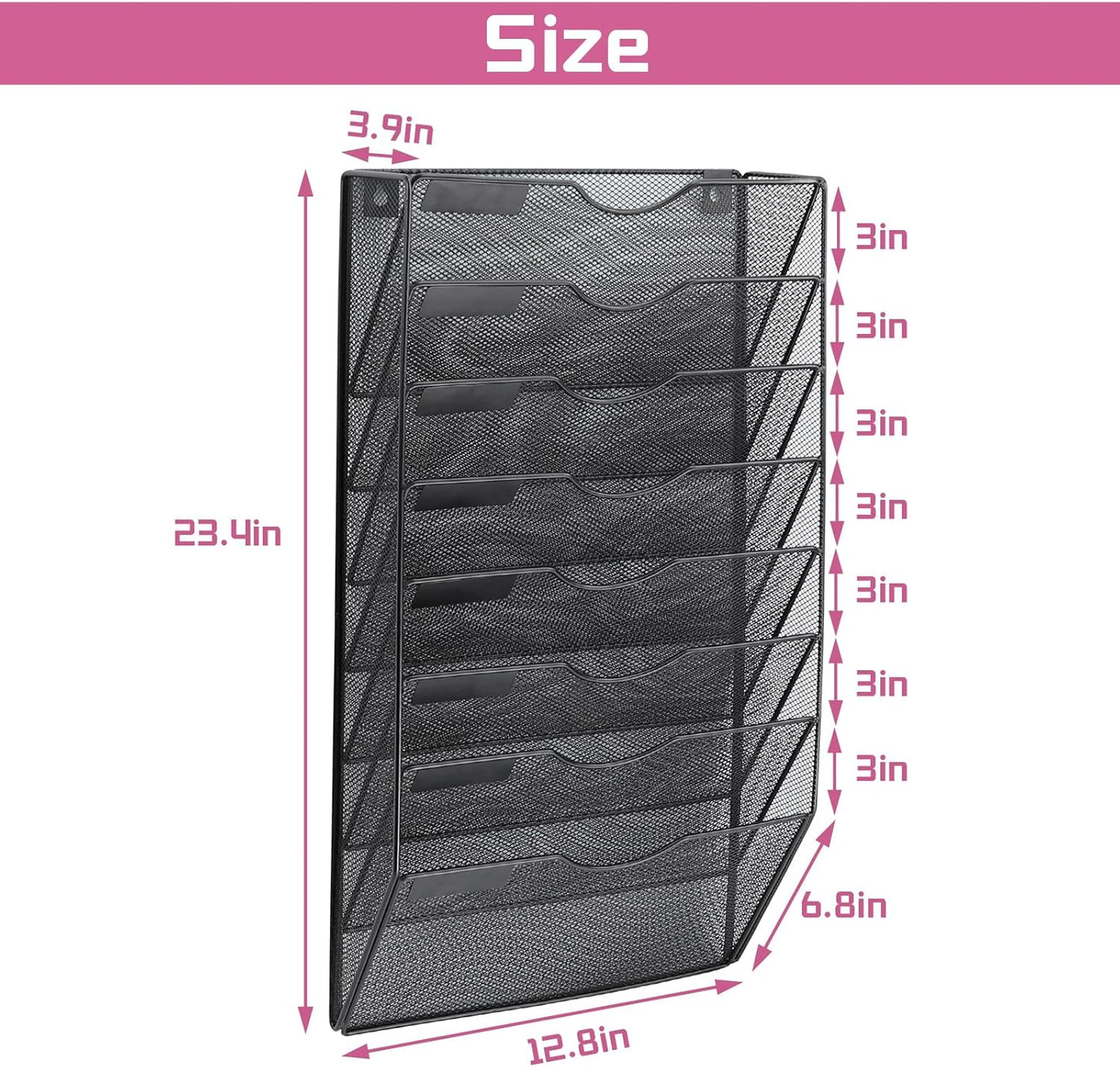 1 Pocket Mesh Wall File Holder Organizer Office Hanging File Folder Magazine Rack, Nametag Label Hooks Set Included (Black)