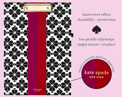 Kate Spade New York Clipboard Folio with Low Profile Clip, Black Professional Padfolio Includes Lined Notepad, Pen Loop, and Pocket, Polka Dots