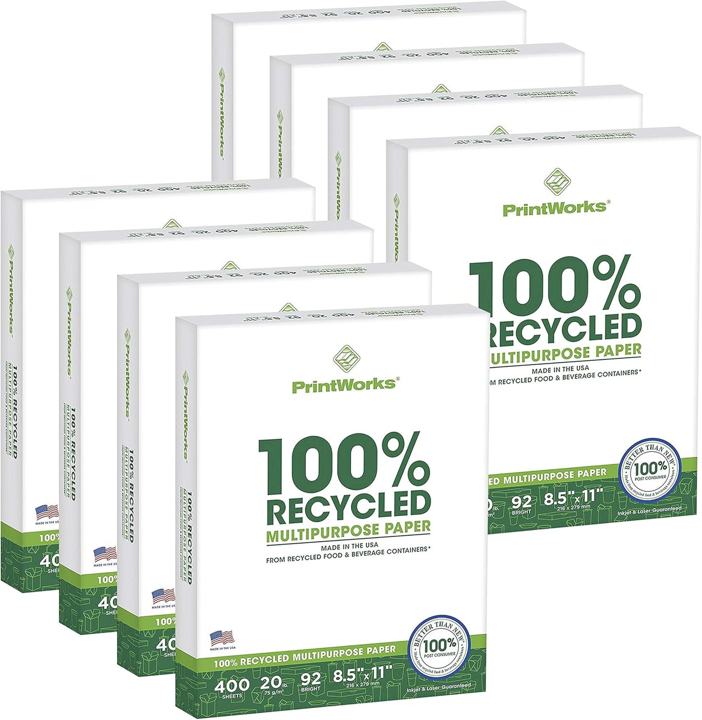 PrintWorks 100% Recycled Printer Paper 8.5" x 11" White - 20 lb Copy & Multipurpose Computer Paper - 3 Packs, 1200 Sheets - Made in the USA - 92 Bright - Printer & Copier Compatible (00018-3)