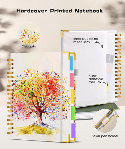 Hardcover Spiral Notebook Journal with Removable Dividers Tabs, 300 Pages Leather 5 Subject Notebook College Ruled, 8"x10" Large B5 Notebooks for Work School Note taking, Lined Journal for Women, Pink