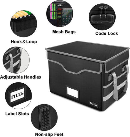DocSafe Fireproof Document Box with Lock, File Storage Organizer with Mesh Pockets, Collapsible Portable File Box Home Office Safe Filing Cabinet with Handle for Hanging Letter/Legal Folder, Black