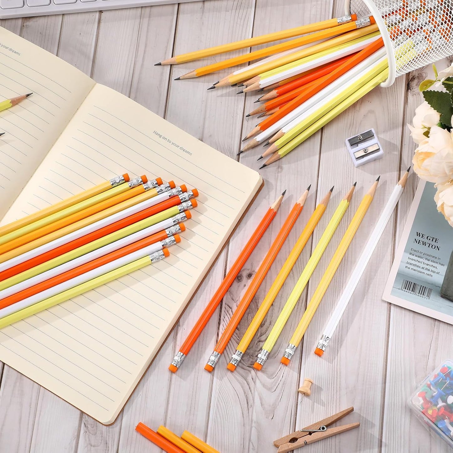 TecUnite 60 Pcs HB Pencils #2 Unsharpened Wood Cased Pencils with Eraser Hexagonal Pencil Cute Graphite No 2 Pen for Adults Gifts Exam School Office Sketching Learning (Wood Color, Silver)