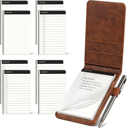 WEMATE 10 Pieces Small Notepad Holder Set Pocket Notebook - Included Mini Pocket Notepad Holder Set with 8 Memo Book Refills and Metal Pen for Meetings, Daily Records, and Notes 3 x 5 Inch (Black)