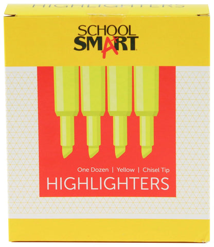 School Smart Tank Style Highlighters, Chisel Tip, Yellow, Pack of 12