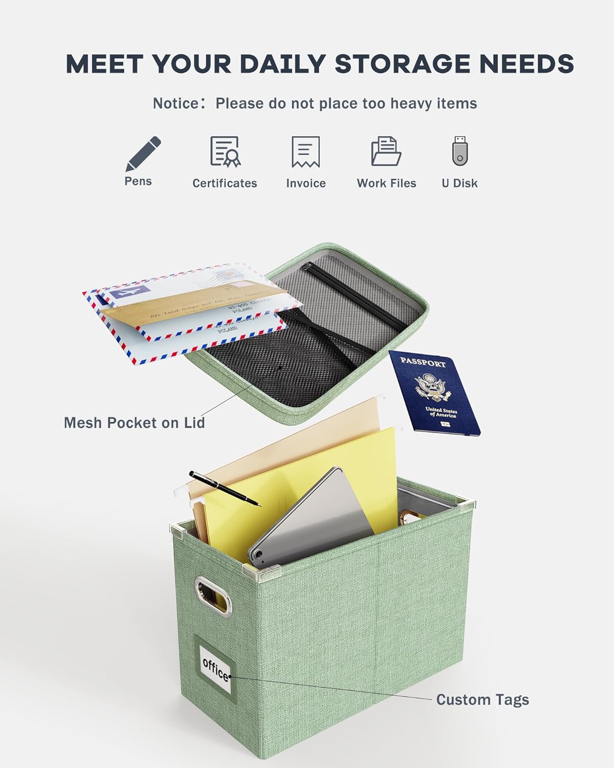 Oterri File Organizer Box with Lid, Hanging Filing File Box with Mesh Pocket, Document Organizer Box for Letter Files, Portable Storage Box with Smooth Sliding Rail for Office&Home (1 PCS, Beige)
