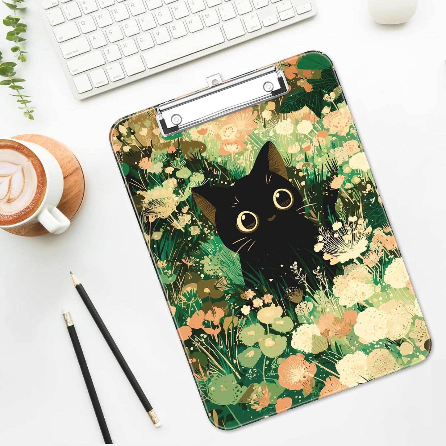 Plastic Cute Clipboard Low-Profile Metal Clip, A4 Letter Size 9 x 12.5 in, 8.5 x 11 Paper Clip Board for Teachers, Nurses, Classroom,Cute Black Cats