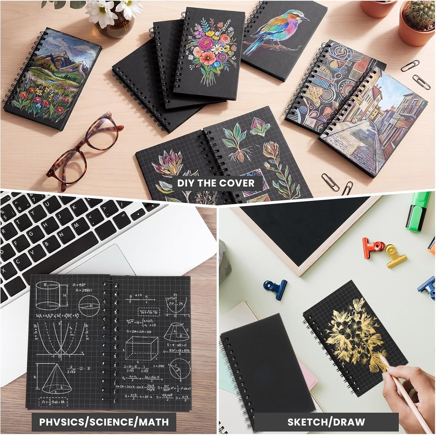 Jutom 6 Pcs Small Graph Paper Pads Notebook Mini Spiral Notebooks Grid Paper 3 x 5 Inch Pocket Notepads 120 Pages Mini Notepads for Office School Work Math Meeting (Black)