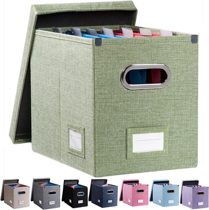 PRANDOM File Organizer Box - Collapsible Decorative Linen Filing Storage with Lids for Letter Size - Grey (14x9.3x10.8 inch)