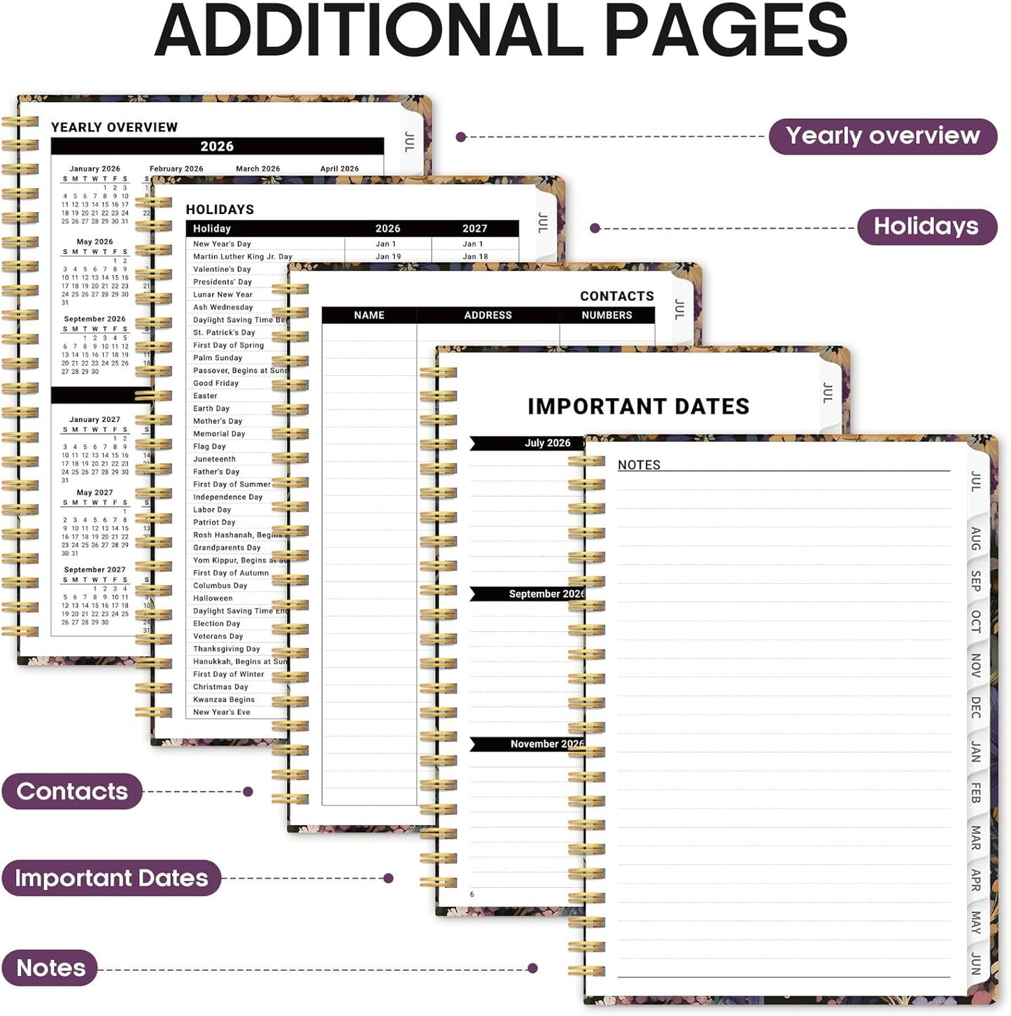 Planner 2026-2027, Academic Year Monthly and Weekly Calendar Planner, Jul 2026 - Jun 2027, Hardcover Teacher Student Planning Agenda book with Tabs, Perfect for School Office Supplies, 6.3" x 8.5" - Wildflowers