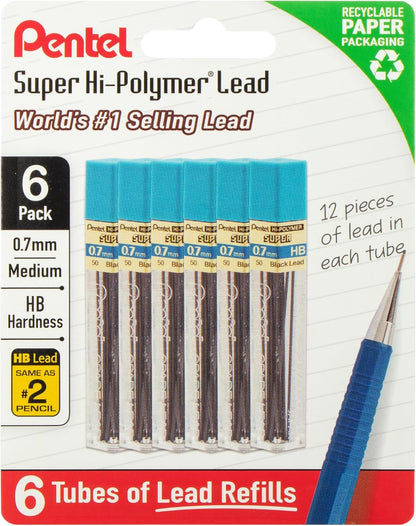 Pentel Super Hi-Polymer Lead Refills, 0.7 mm, 2B, 72 Pieces (12 pcs per tube, 6 tubes)