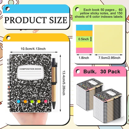 Qilery 30 Pack Composition Lined Spiral Notebook Small Notepad and Pen Set Steno Pads Lined Notepad Black Pocket Notebook for Business Office School Supplies