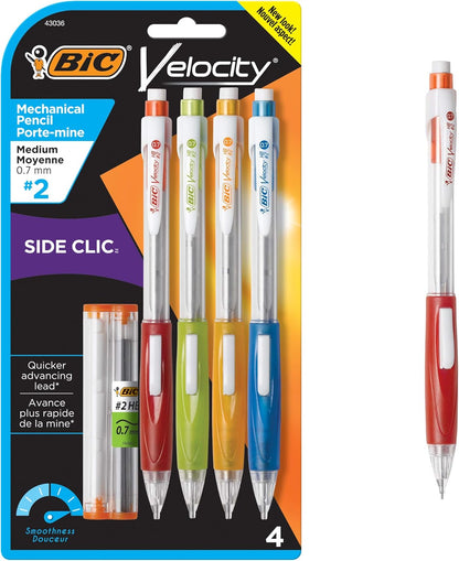 BIC Velocity Side Clic Mechanical Pencils, With Colorful Barrel, Medium Point (0.7mm), 4-Count Pack Mechanical Pencils With Eraser and Lead Refills