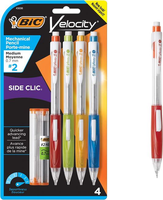 BIC Velocity Side Clic Mechanical Pencils, With Colorful Barrel, Medium Point (0.7mm), 4-Count Pack Mechanical Pencils With Eraser and Lead Refills