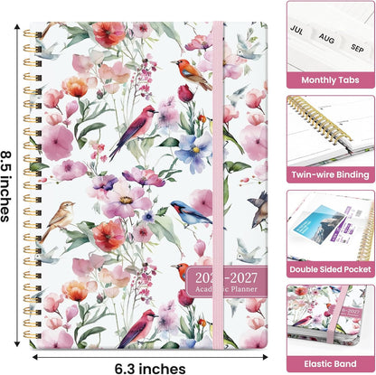 Planner 2026-2027, Academic Year Monthly and Weekly Calendar Planner, Jul 2026 - Jun 2027, Hardcover Teacher Student Planning Agenda book with Tabs, Perfect for School Office Supplies, 6.3" x 8.5" - Wildflowers