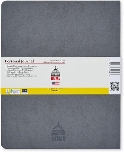 DOME Personal Journal – 8 x 10 Inch Softcover Lined Journal Notebook, 192 Pages, Grey Premium Acid-Free 60-lb Thick Paper, Inner Pocket, Made in USA